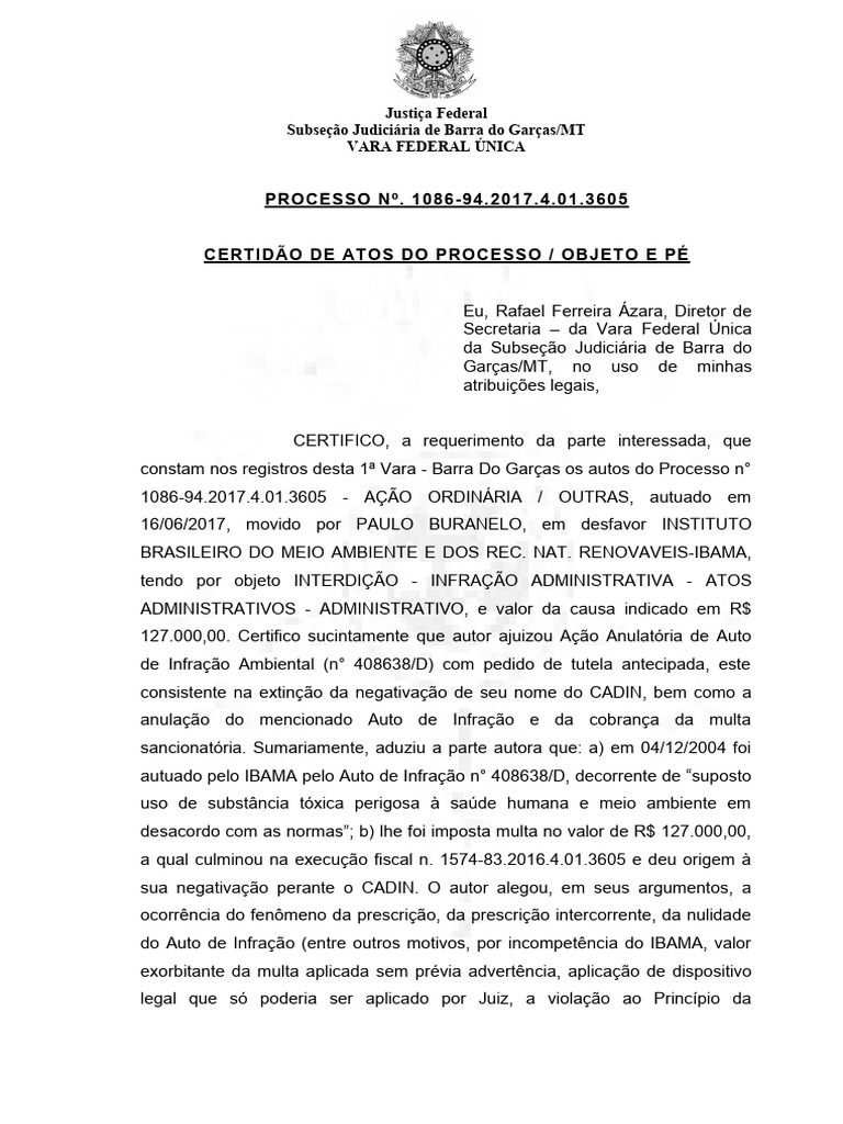 CERTIDÃO DE ATOS - OBJETO E PÉ - 1086-94.2017.4.01.3605 - Anulação de ...