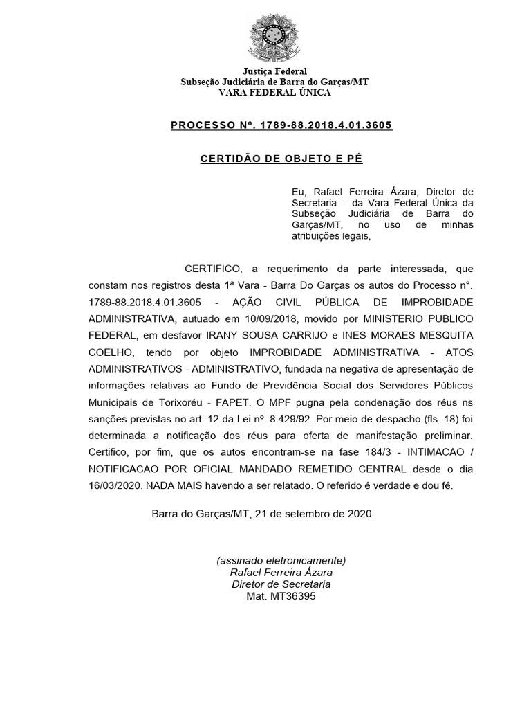 Certidão de Atos - Objeto e Pé - 1789-88.2018.4.01.3605 - Acp | PDF