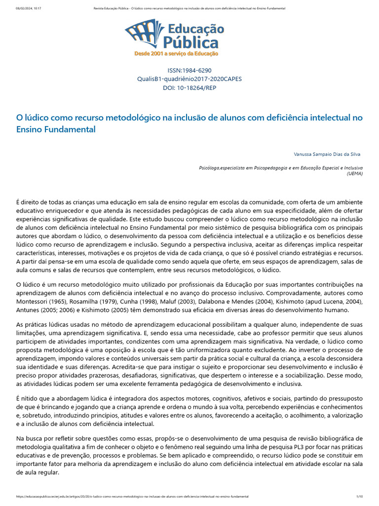 Texto - O Lúdico Como Recurso Metodológico Na Inclusão de Alunos Com ...