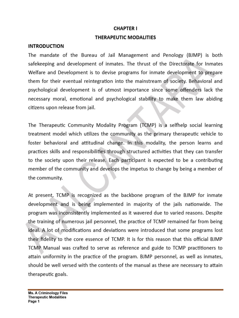 BJMP Therapeutic Community Program Guide | PDF | Psychotherapy | Feeling