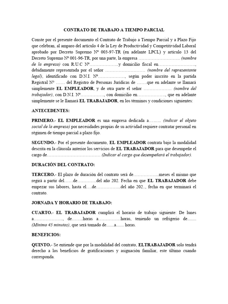 Contrato de Trabajo a Tiempo Parcial | PDF | Derecho laboral | Salario