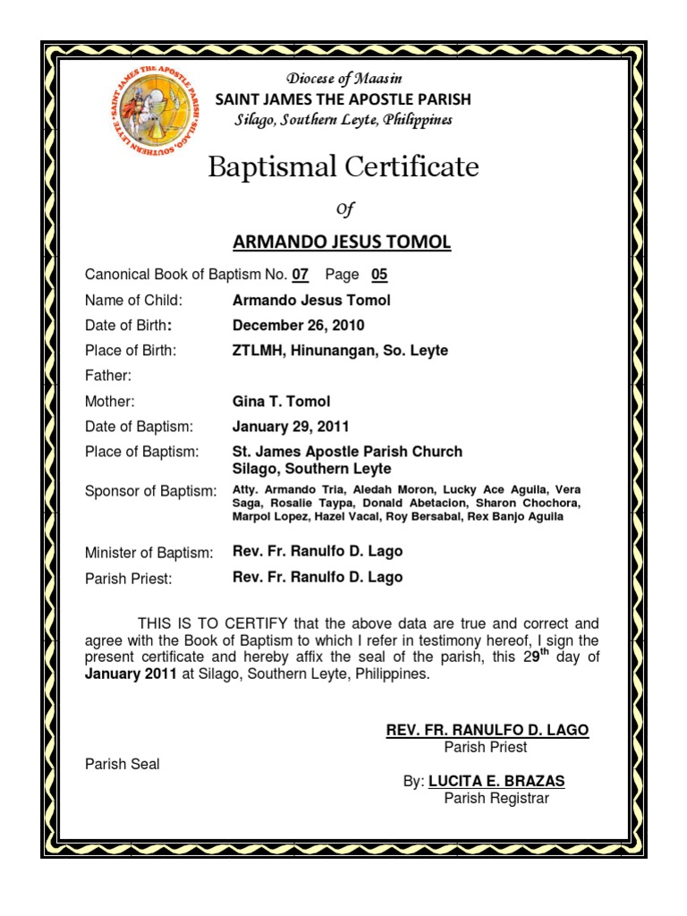 Baptismal Certificate 1 Parish Baptism