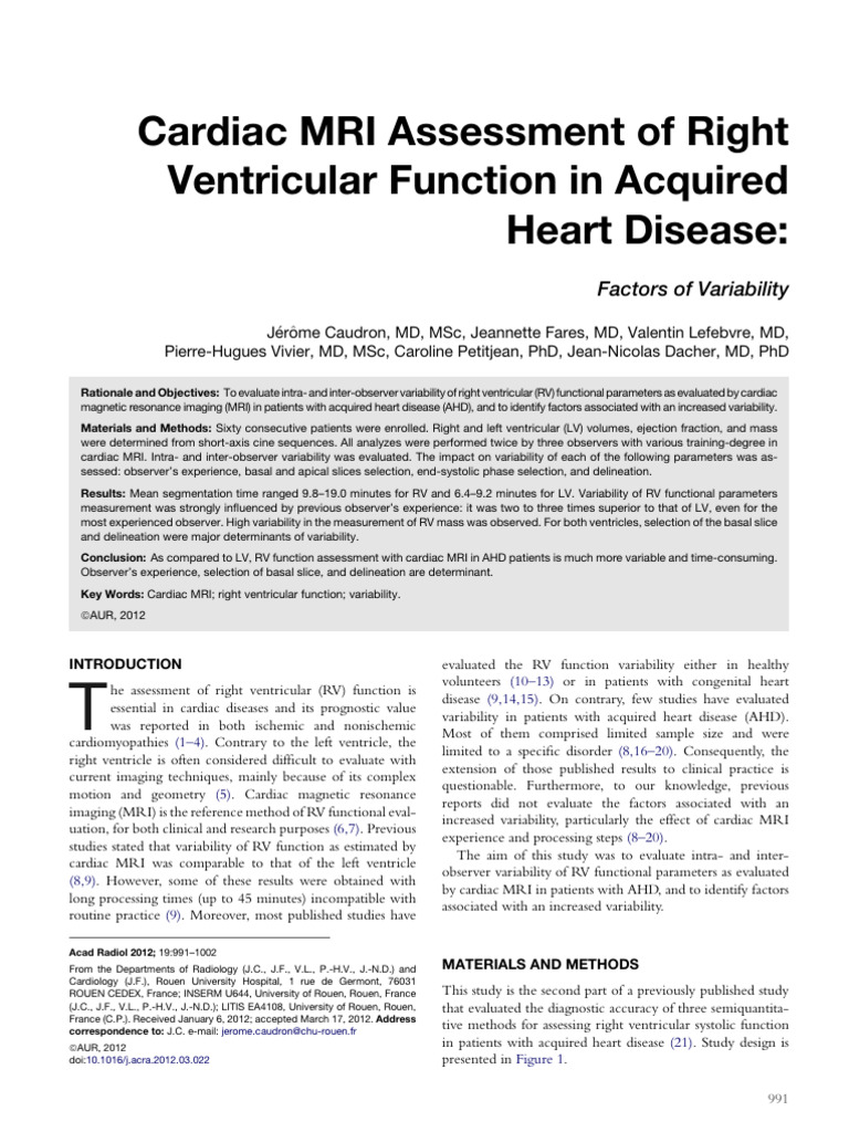 Cardiac MR Assessment of Right Ventricular Function in Acquired Heart ...