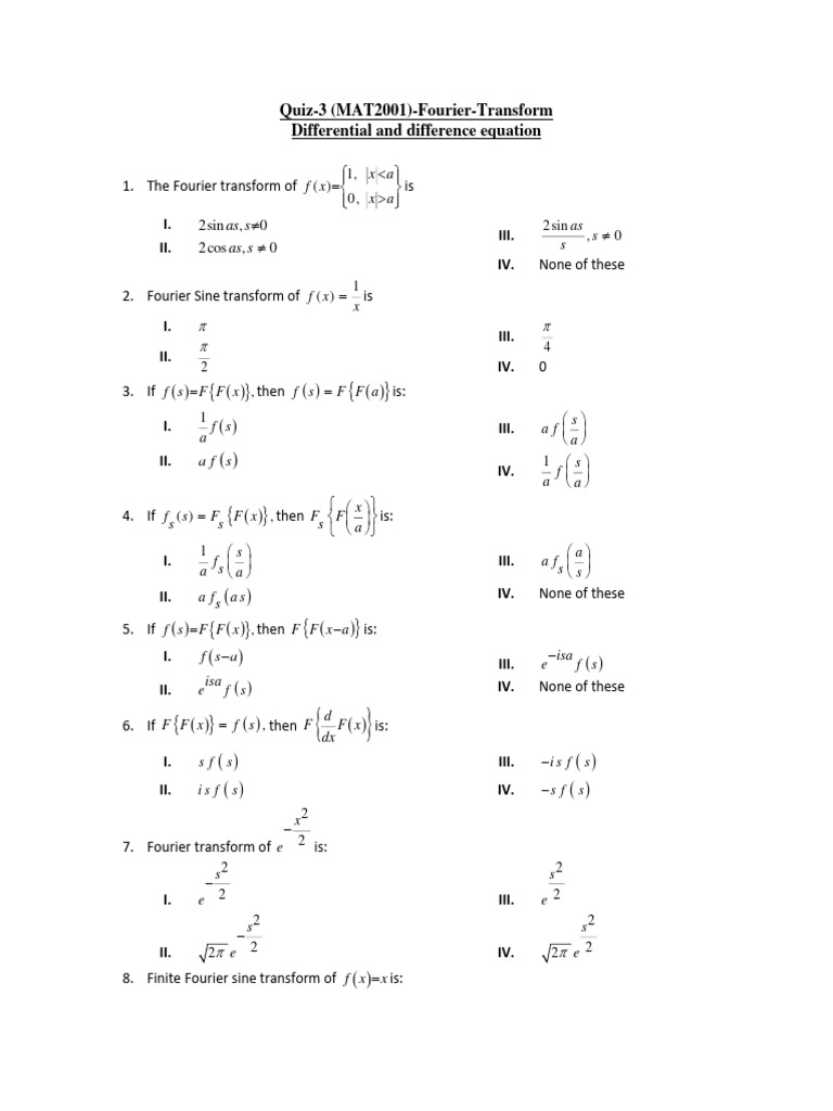 Quiz 3 Fourier Transform Pdf Equations Mathematics