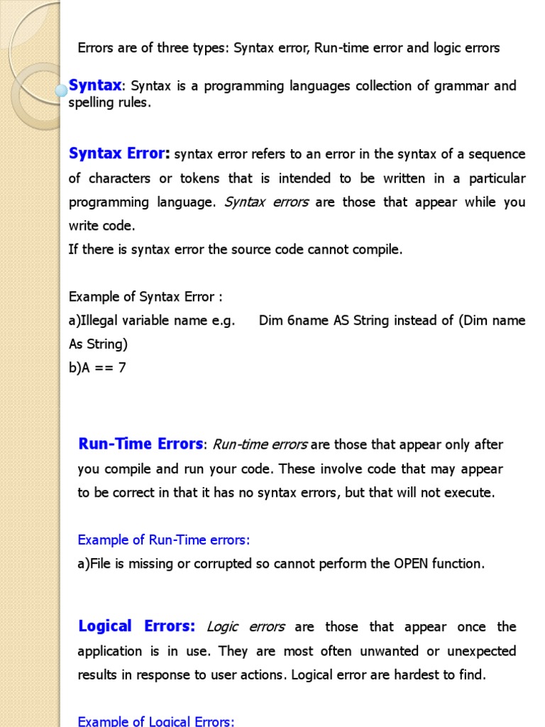 Syntax, Runtime & Logic Errors in Visual Basic | PDF | Source Code ...