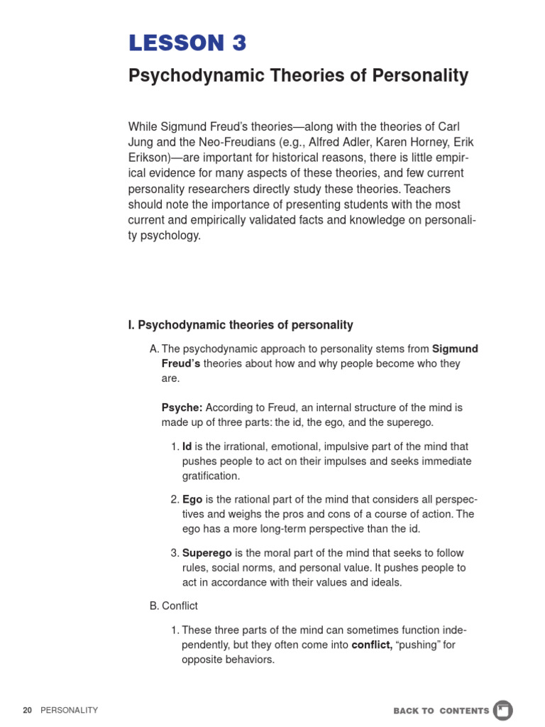 Topic 2 Psychodynamic Theories Of Personality Pdf Id Unconscious Mind