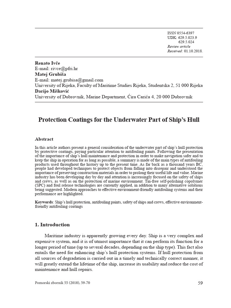 Protection Coatings For The Underwater Part of Ship's Hull | PDF ...