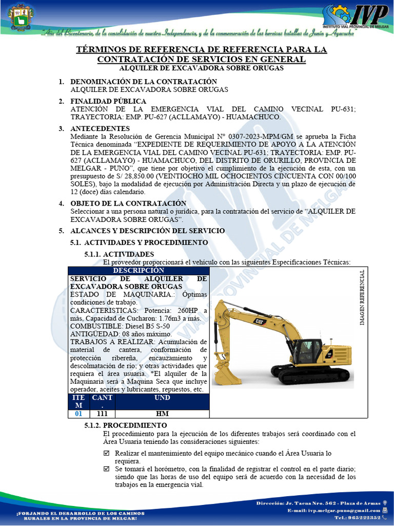 Alquiler de Excavadora para Emergencia Vial | PDF