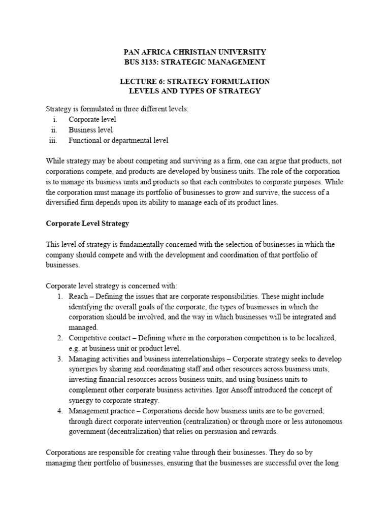 Lecture 6 Levels and Types of Strategy | PDF | Strategic Management ...