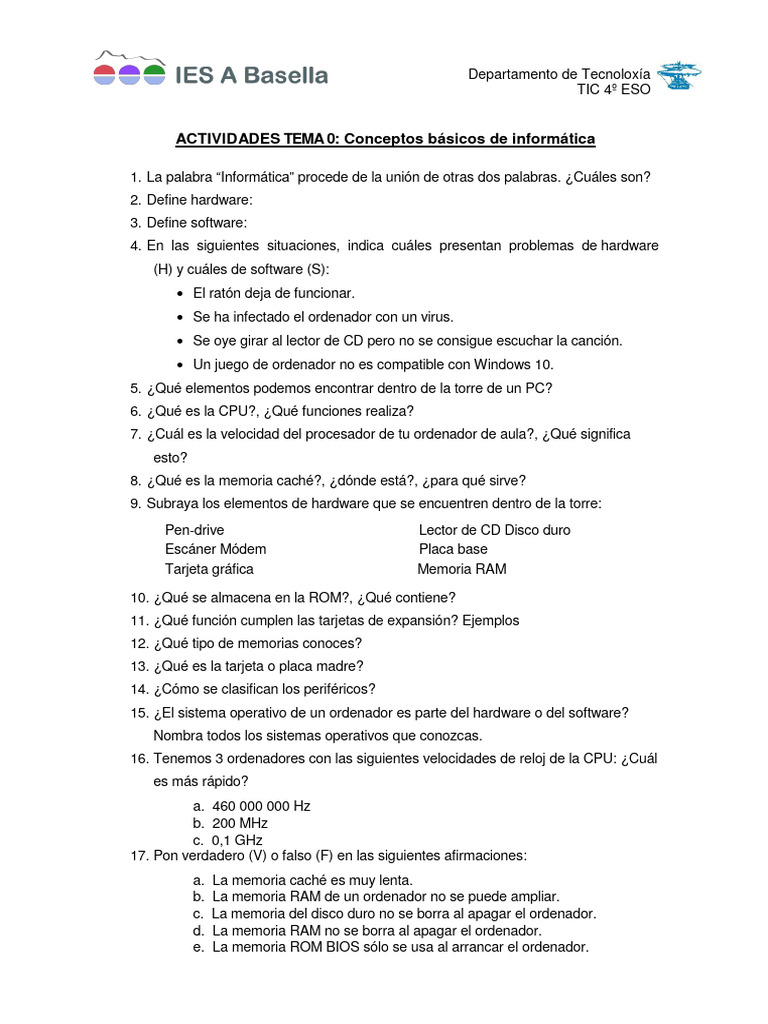 Actividades Básicas de Informática 4º ESO | PDF | Hardware de la ...