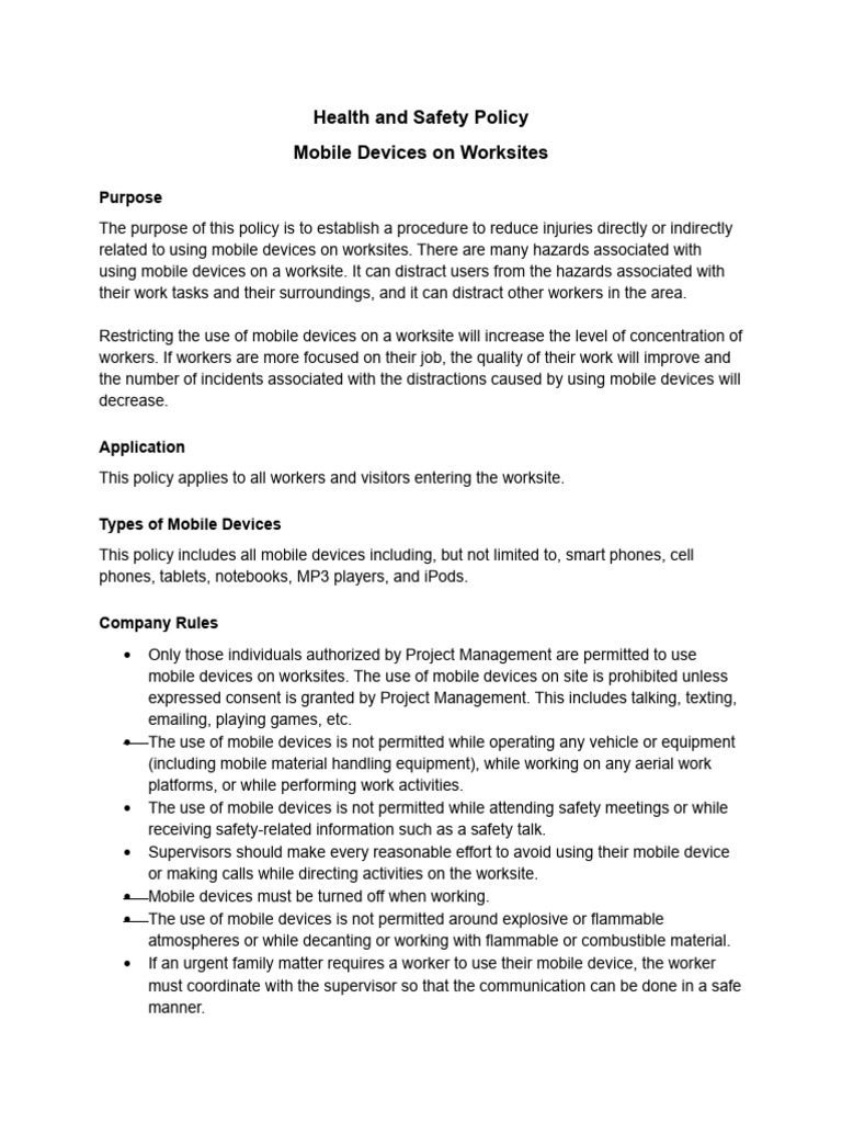 Mobile Device Safety Policy for Worksites | PDF | Mobile Device | Text ...