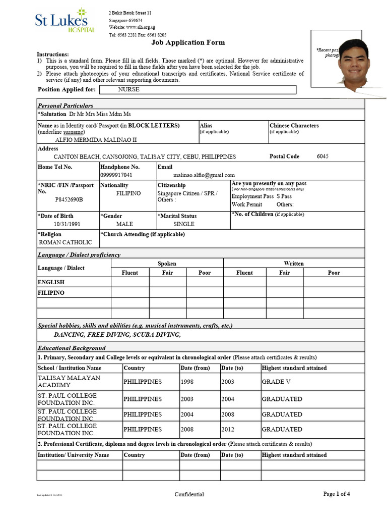 ST Lukes Hospital Job Application Form | PDF | Nursing | Surgery