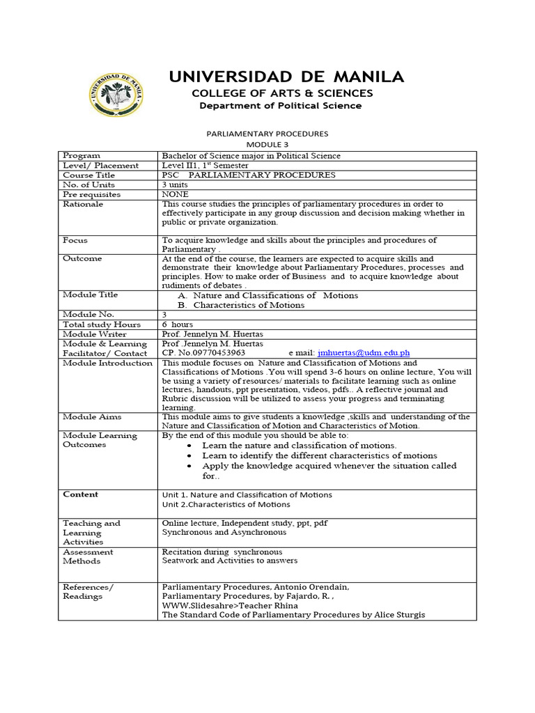 Module 3 Parliamentary Procedures | PDF | Political Law | Meetings