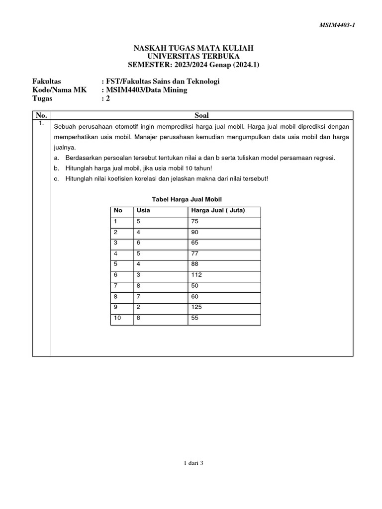 Tugas Data Mining MSIM4403-1 | PDF