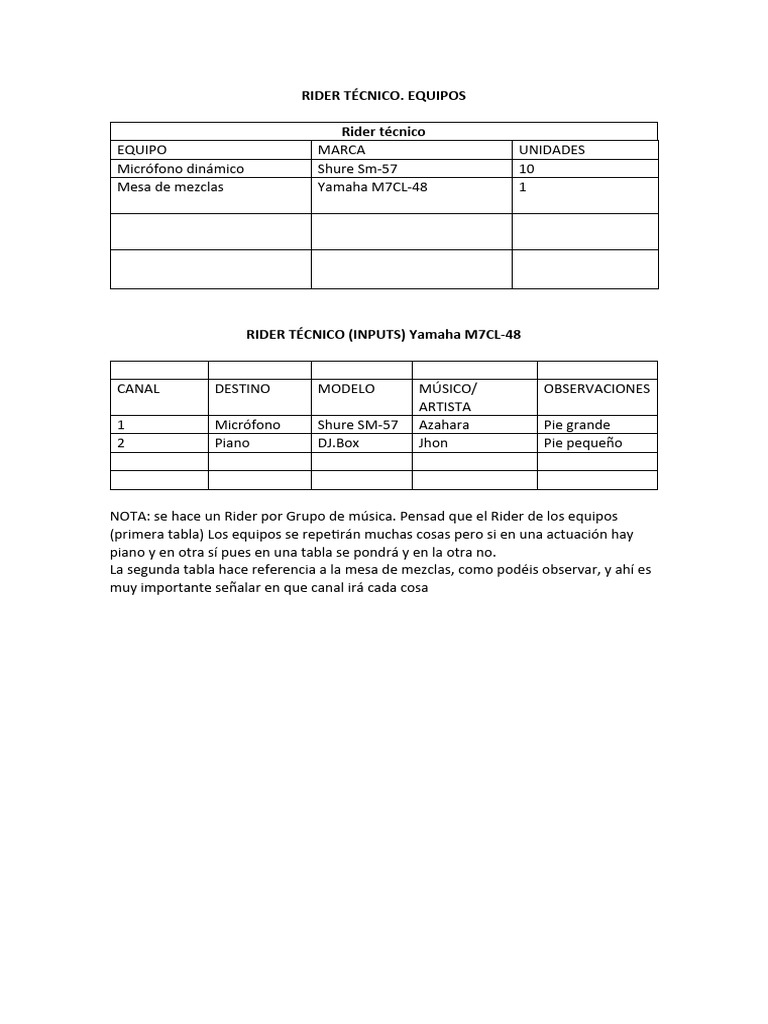 Rider Técnico para Equipos de Sonido | PDF