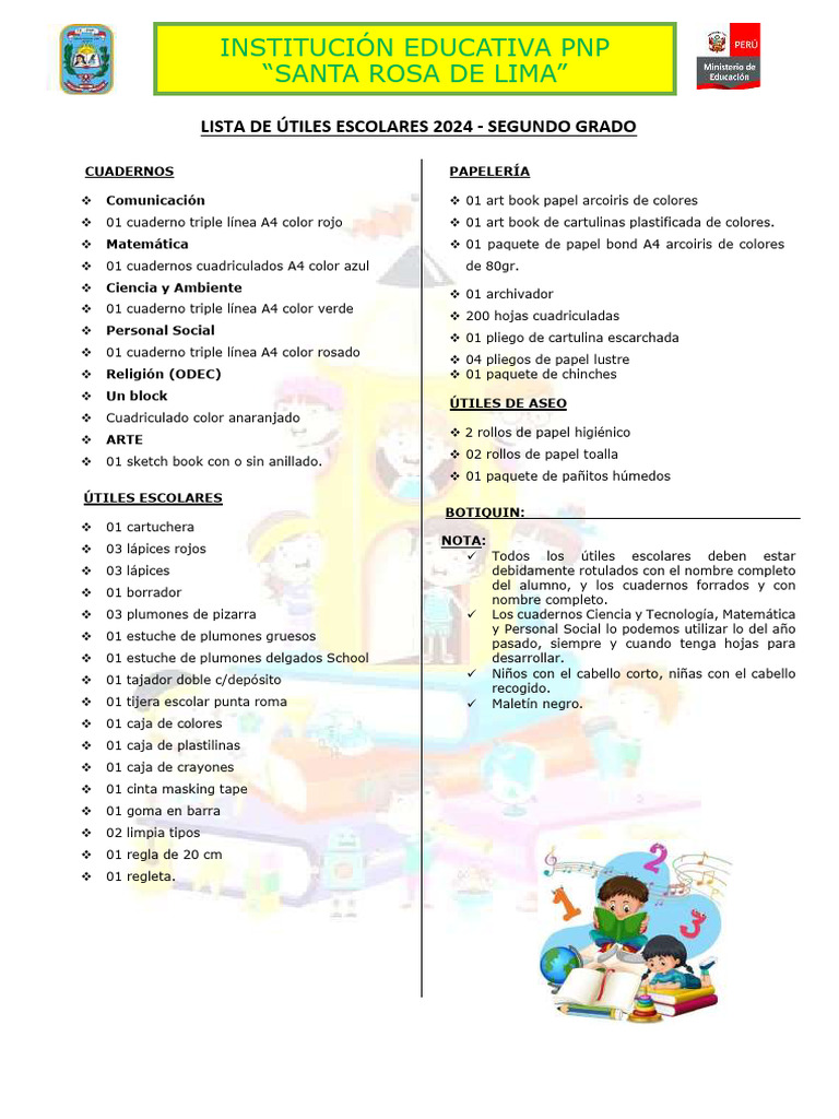 Lista Útiles Escolares 2° Grado 2024 | PDF | Cuaderno | Papel