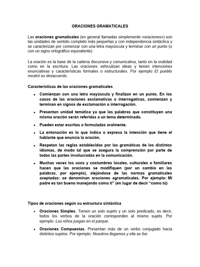 Oraciones Gramaticales | PDF | Oración (Lingüística) | Gramática