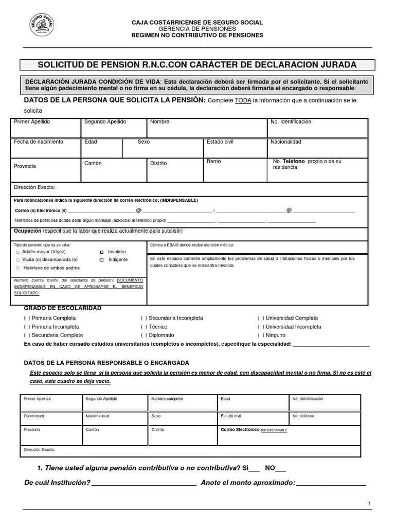 Solicitud de Pensión RNC en Costa Rica | PDF