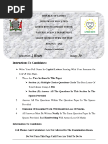Biology Grade 10 End of Term One Test