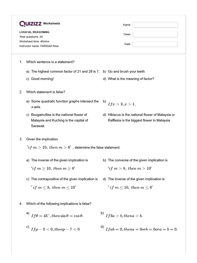 Logical reasoning quizizz pdf argument logic