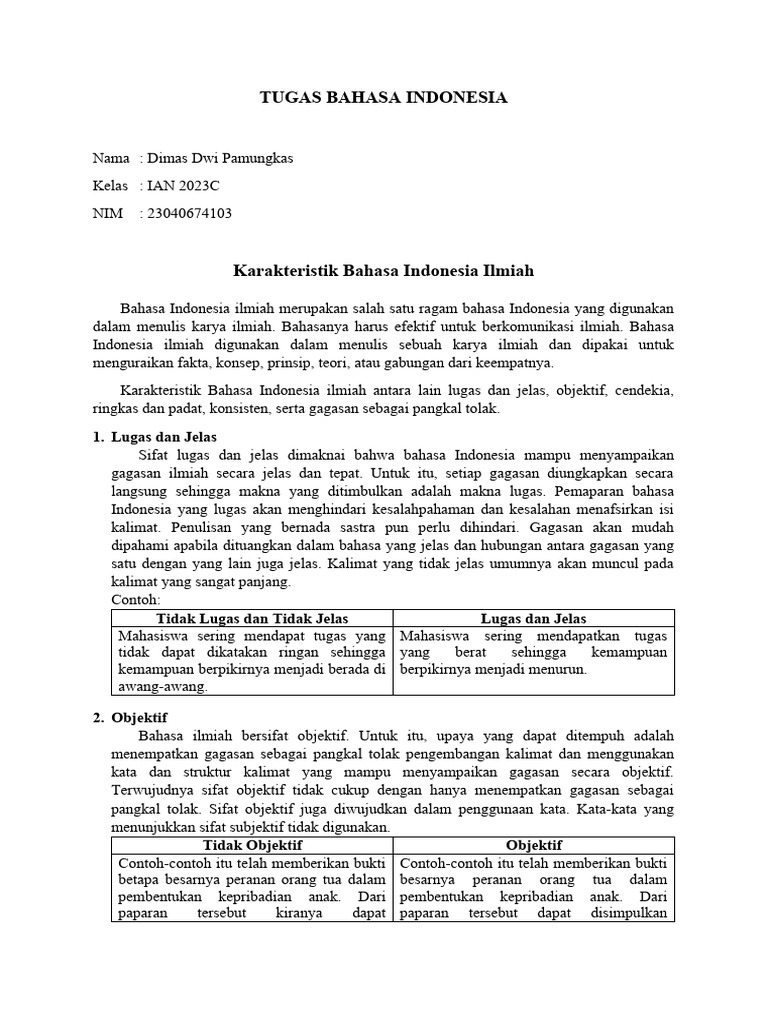 Tugas BIN Karakteristik Bahasa Indonesia Ilmiah | PDF