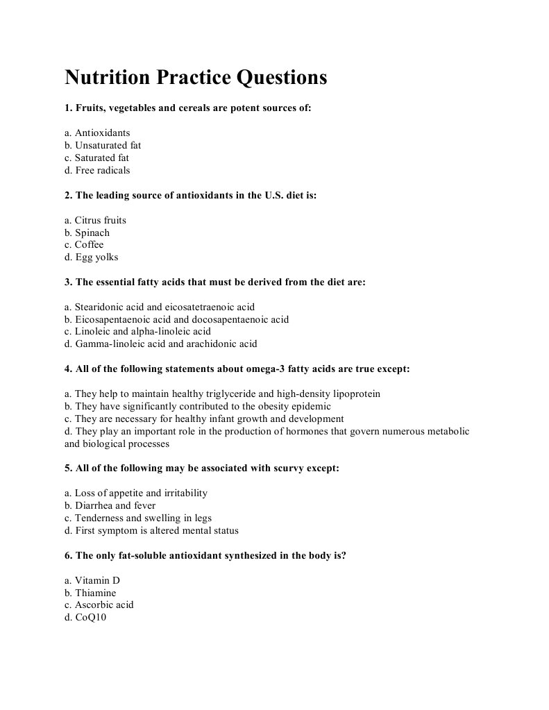 Nutrition Practice Questions PDF Vitamin Antioxidant