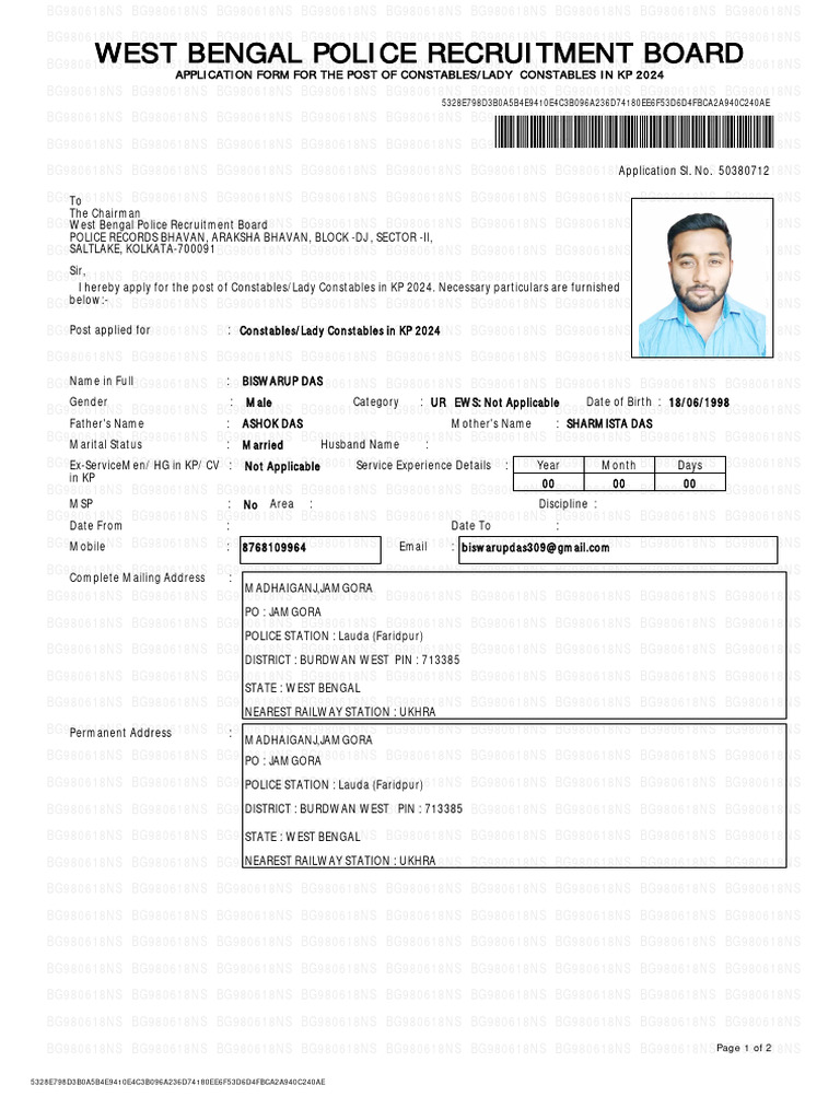 West Bengal Police Recruitment Board: Application Form For The Post of ...