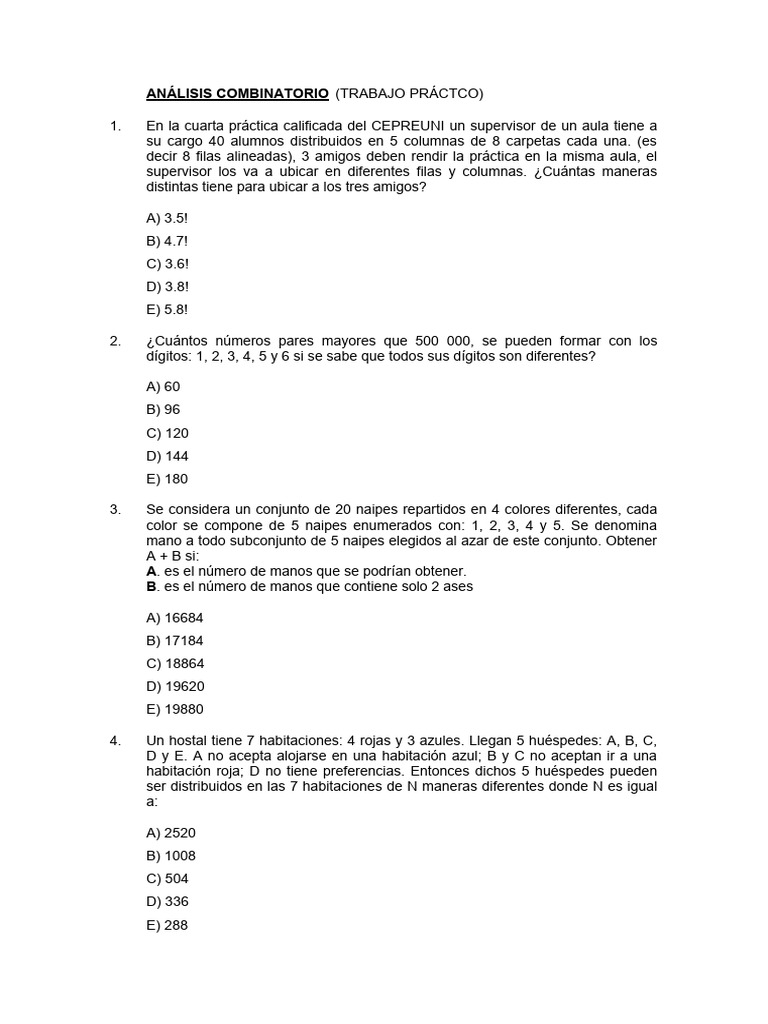 Ejercicios de Análisis Combinatorio y Probabilidades | PDF ...