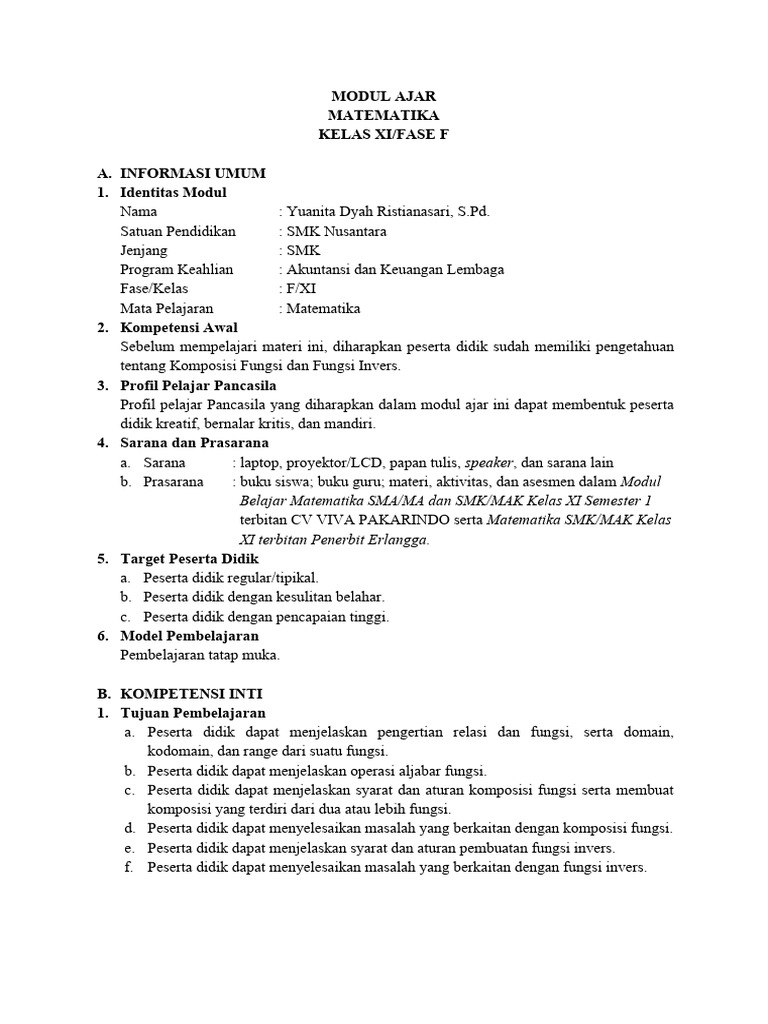 Modul Ajar Matematika Kelas XI SMK | PDF
