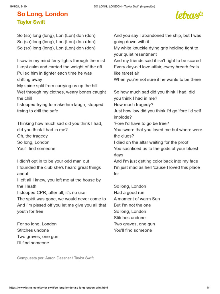 5 SO LONG, LONDON Taylor Swift (Impresión) PDF