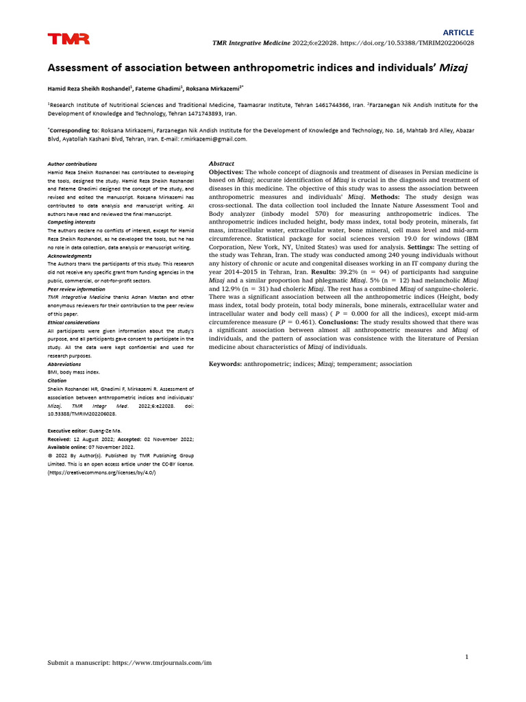 Assessment of Association Between Anthropometric Indices and ...