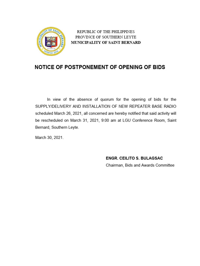 Bid Opening Postponement Notice - Saint Bernard | PDF | Home & Garden ...