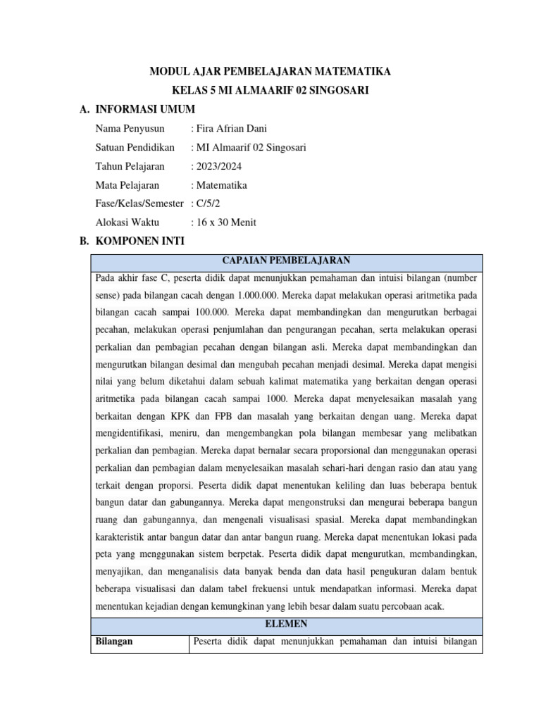 Modul Ajar Bilangan Cacah Kelas 5 | PDF