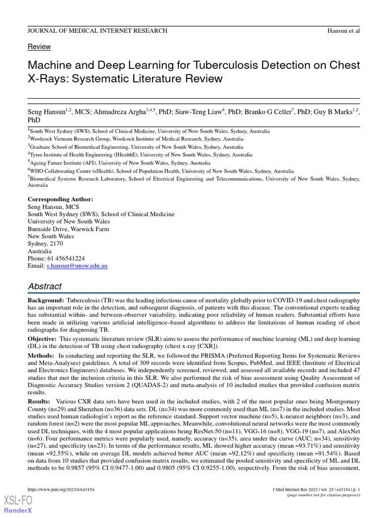 Machine and Deep Learning For Tuberculosis Detection On Chest X | PDF ...