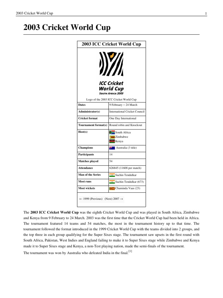 2003 ICC Cricket World Cup | PDF | International Sports Competitions ...