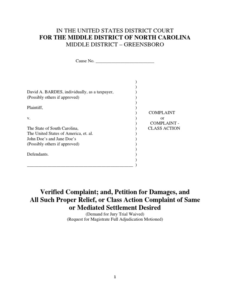 For The Middle District of North Carolina | PDF | Lawsuit | Complaint