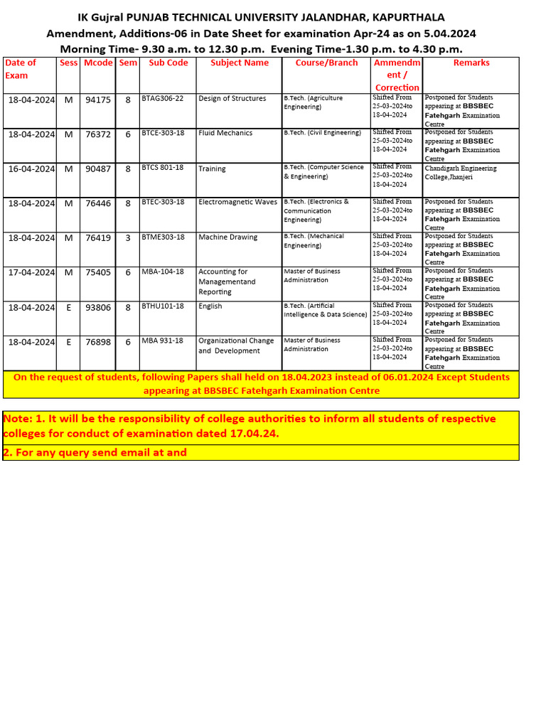 Exam Date Sheet Amendments April 2024 | PDF | Engineering | Computing