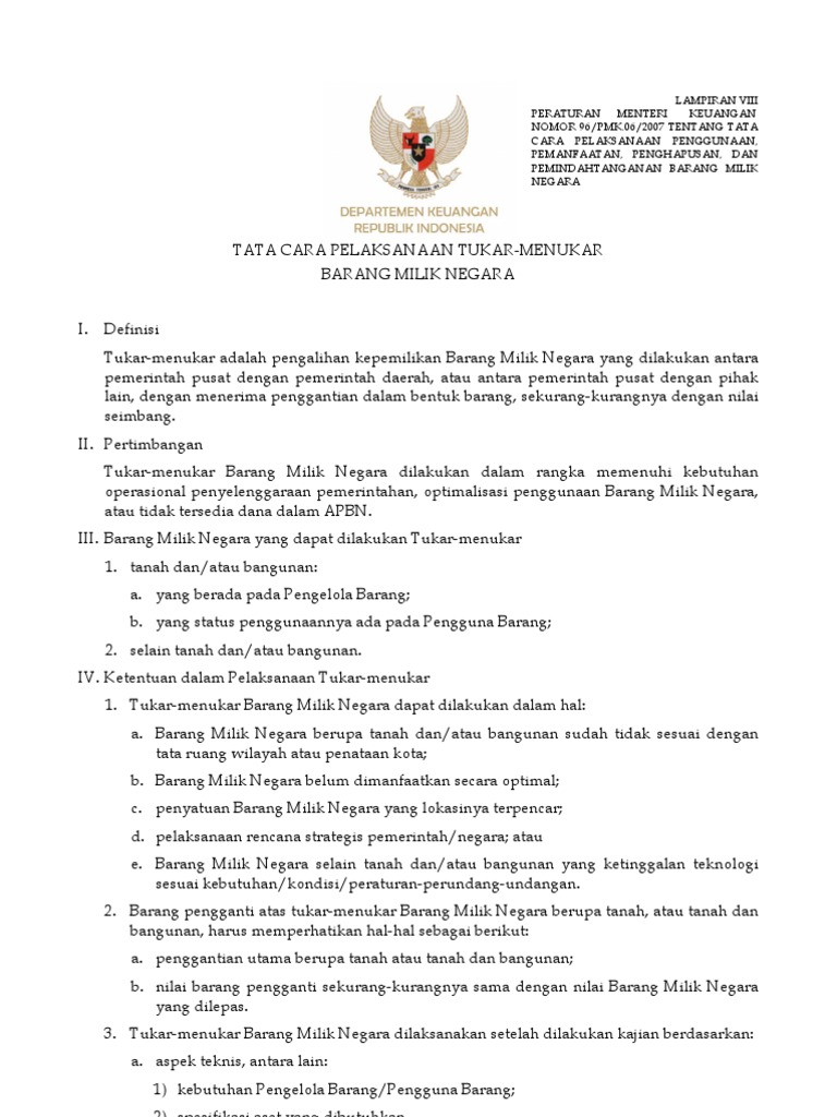 Lampiran Viii Peraturan Menteri Keuangan NOMOR 96/PMK.06/2007 TENTANG