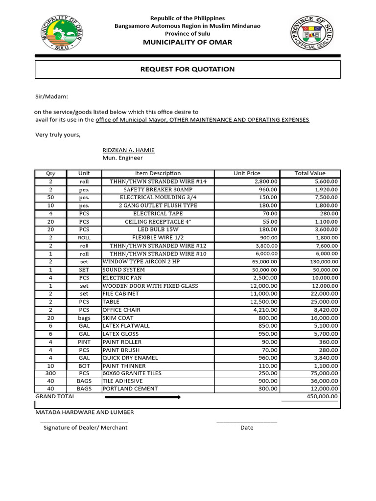 Request for Quotation: Municipal Supplies | PDF | Meal | Paint