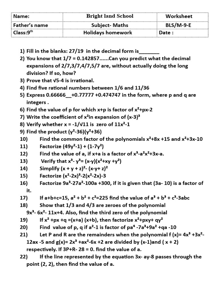 9th Grade Maths Worksheet Tasks | PDF | Equations | Factorization