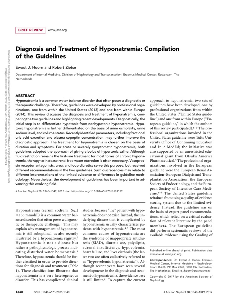 Hyponatremia Diagnosis and Treatment Guidelines | PDF | Medical ...