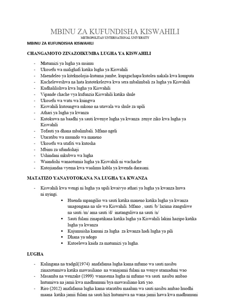 Mbinu Za Kufundisha Kiswahili Pdf