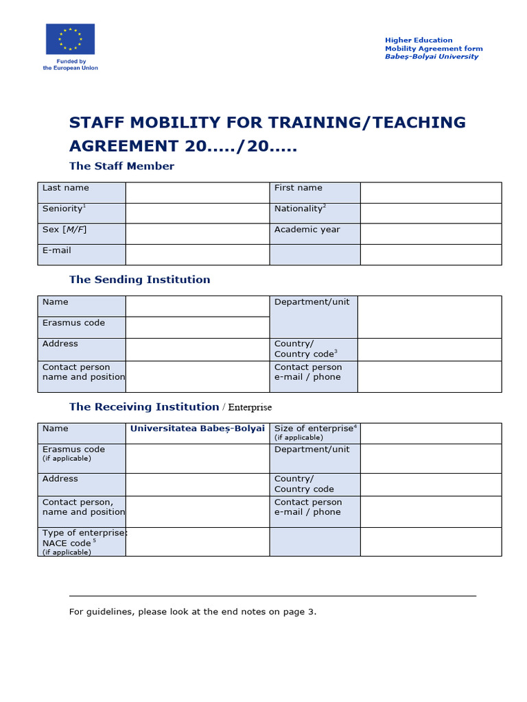 Staff Mobility Agreement Form - Babeș-Bolyai | PDF