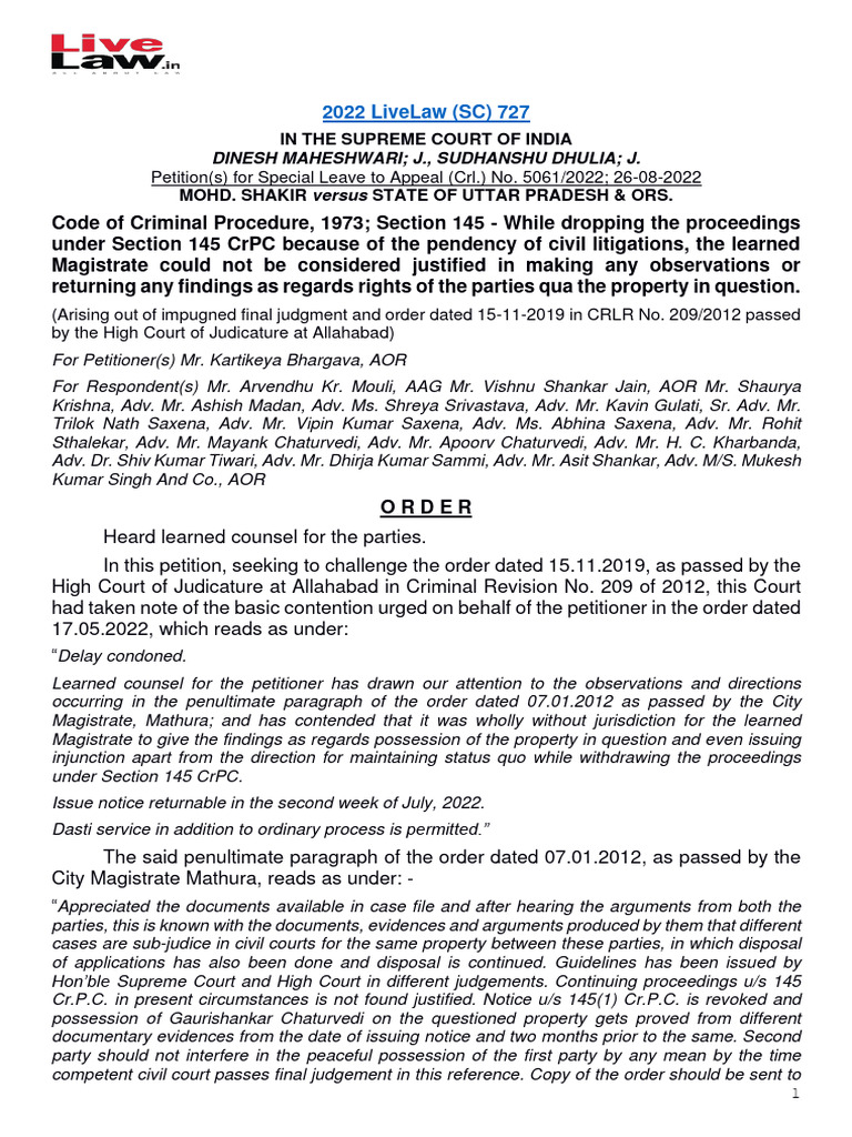 Supreme Court Ruling on CrPC Section 145 | PDF | Lawsuit | Judgment (Law)