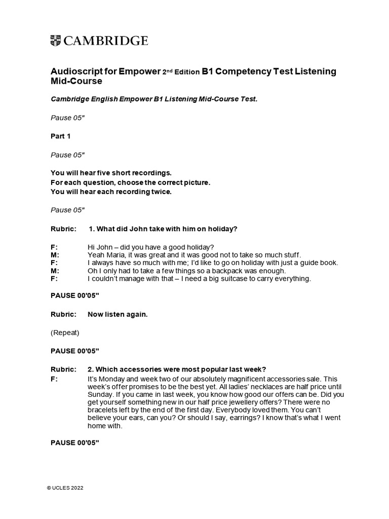 B1+ Listening Competency Test Audioscript | PDF | Home & Garden | Art