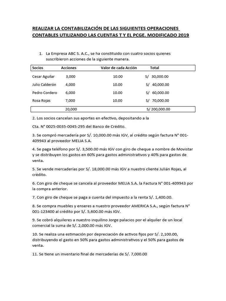 Realizar La Contabilización de Las Siguientes Operaciones Contables ...
