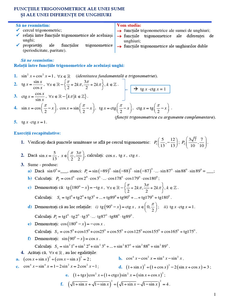 Functiile Trigonometrice Ale Unei Sume Si Ale Unei Diferente de ...
