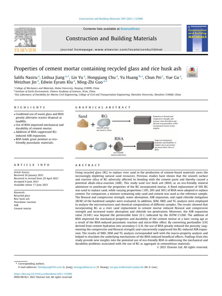 Properties of Cement Mortar Containing Recycled Glass and Rice Husk Ash ...