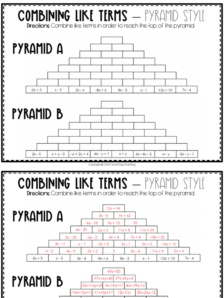 Combining Like Terms Activity Pyramid Style | PDF