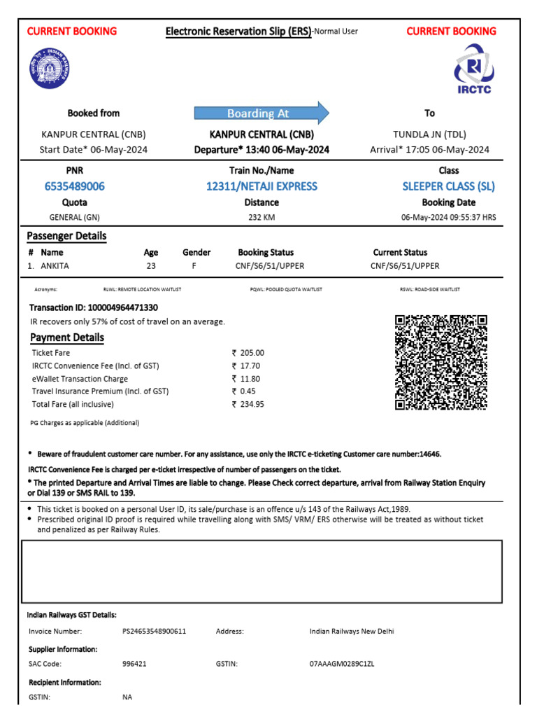 Netaji Express Ticket Booking Details | PDF | Identity Document